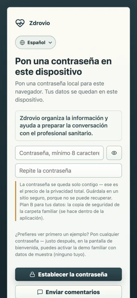 Pantalla de inicio de Zdrovio: establecer una contraseña en este dispositivo
