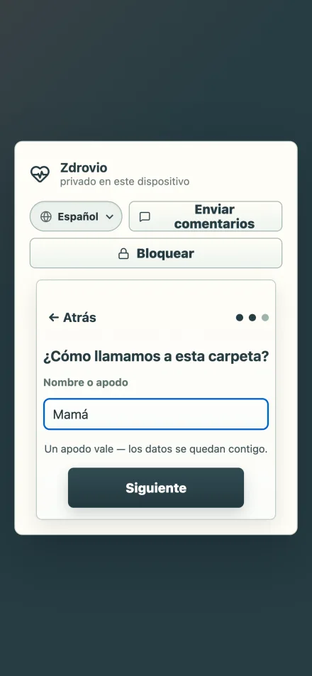 Una carpeta de persona mayor lista, con sugerencias: añade medicamentos, cuidador, documentos y preguntas