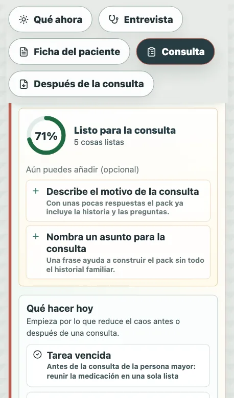 Pantalla de consulta: indicador Listo para la consulta al 71 por ciento con una lista de cosas por añadir