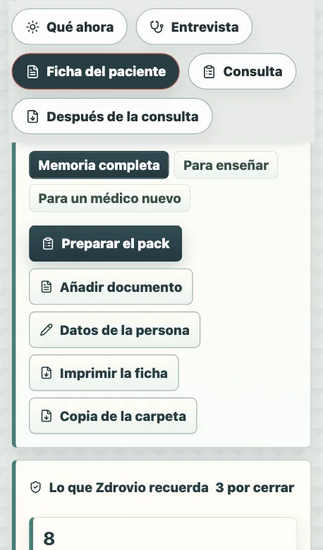 Ficha del paciente: botones Añadir documento, Imprimir ficha y Copia de seguridad