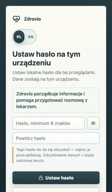 Ekran startowy Zdrovio: ustawienie hasła na tym urządzeniu