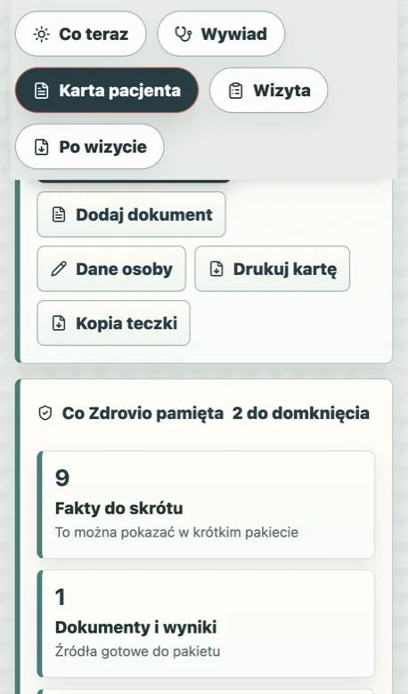 Karta pacjenta: przyciski Dodaj dokument, Drukuj kartę, Kopia teczki
