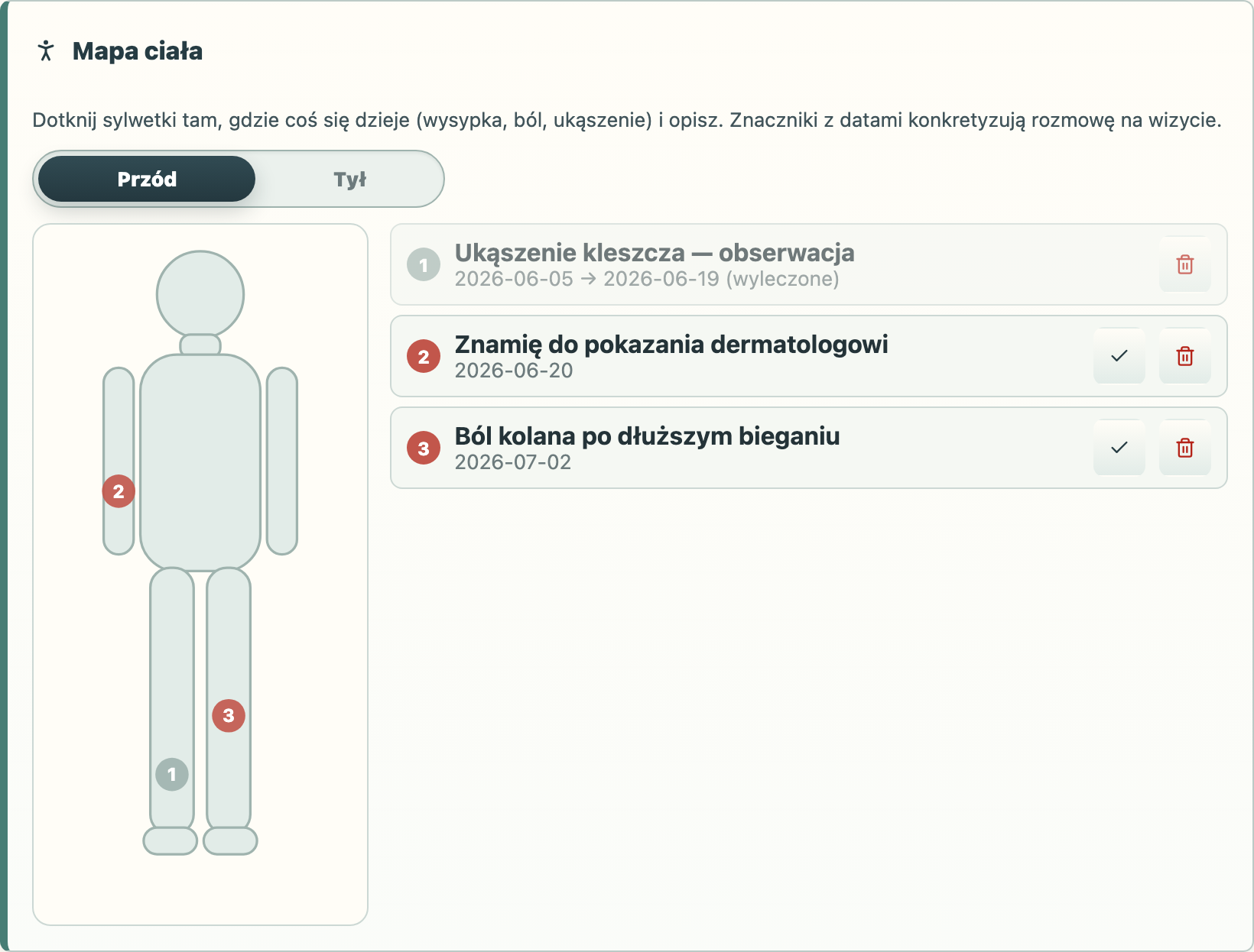 Ekran aplikacji Zdrovio: mapa ciała